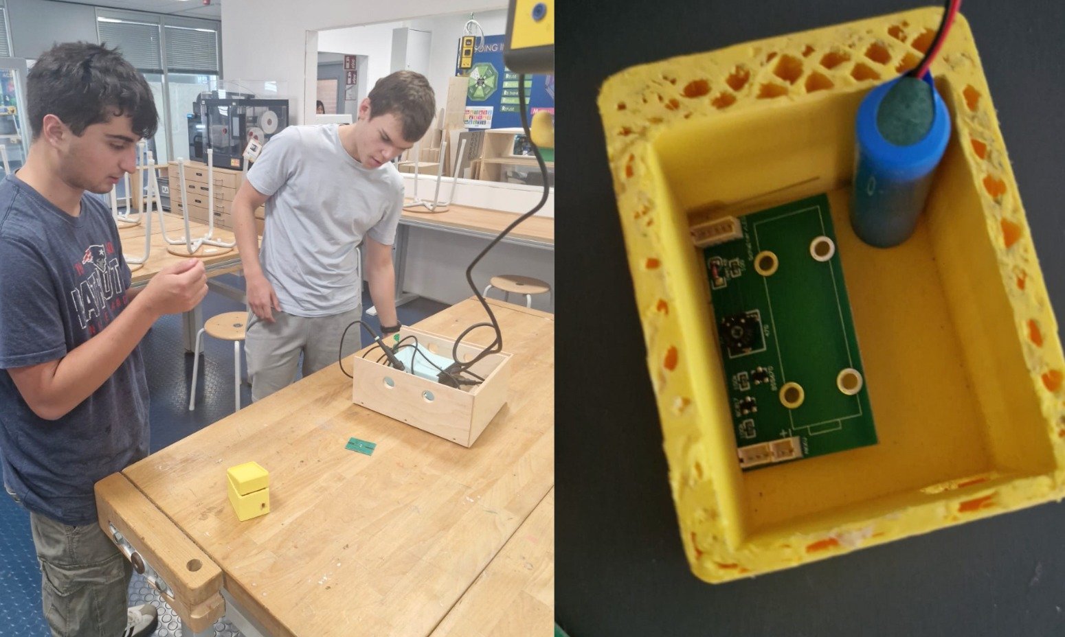 Two students testing a prototype at a workbench, and a close-up of the green circuit board and battery inside a yellow 3D-printed casing