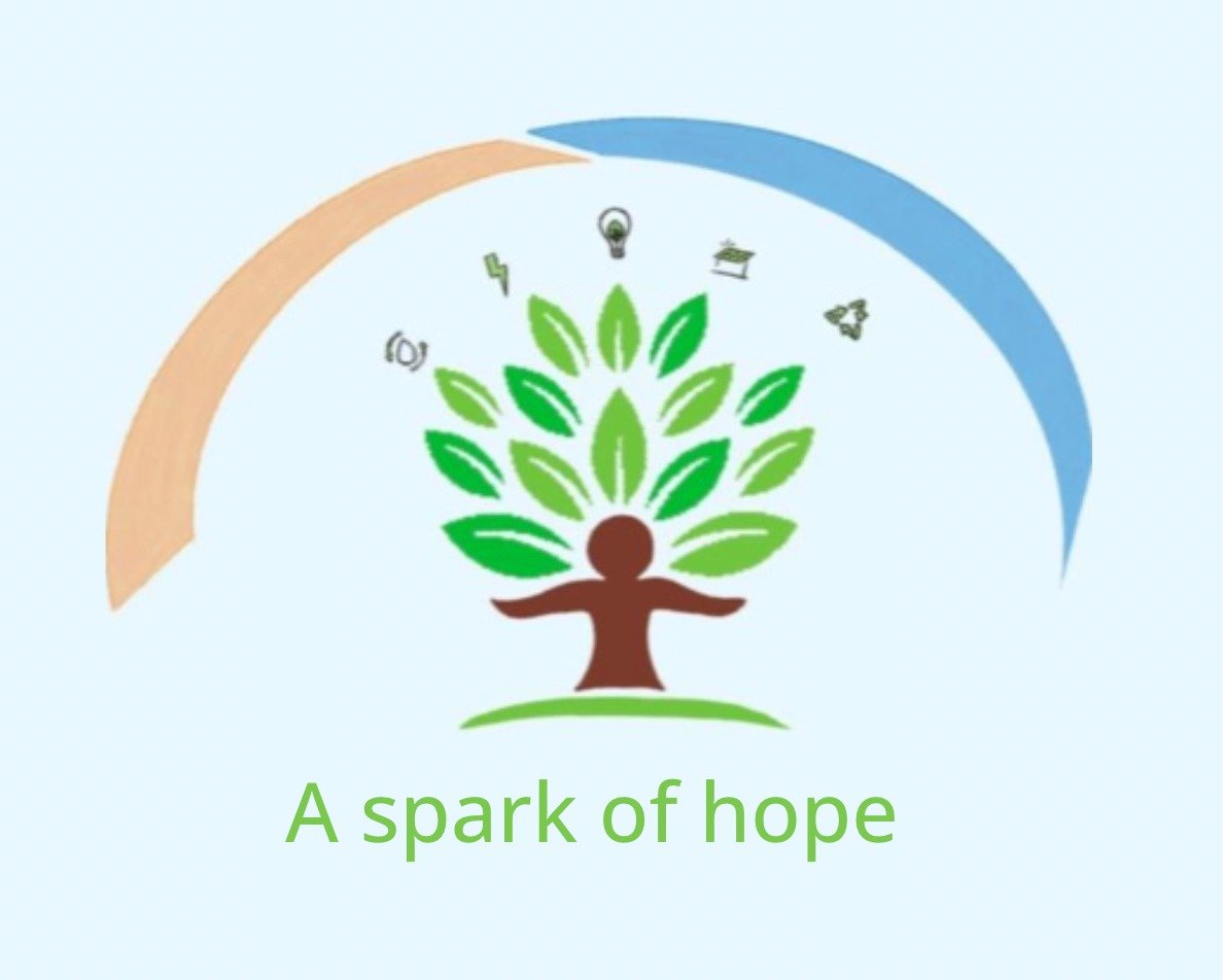 Spark of Hope logo: a tree with open arms beneath a green and blue arc, with icons for light, solar and recycling
