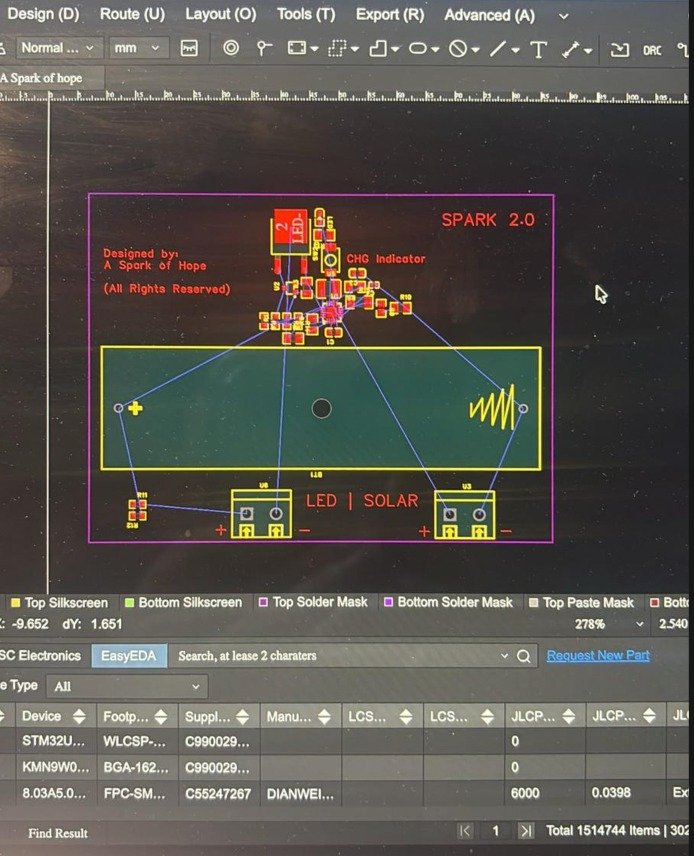 Screen showing the Spark 2.0 circuit board layout with LED and solar connectors and a charge indicator